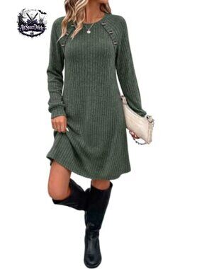 Ribbed Knit Long Sleeve Dress with Pockets Casual Fall Winter